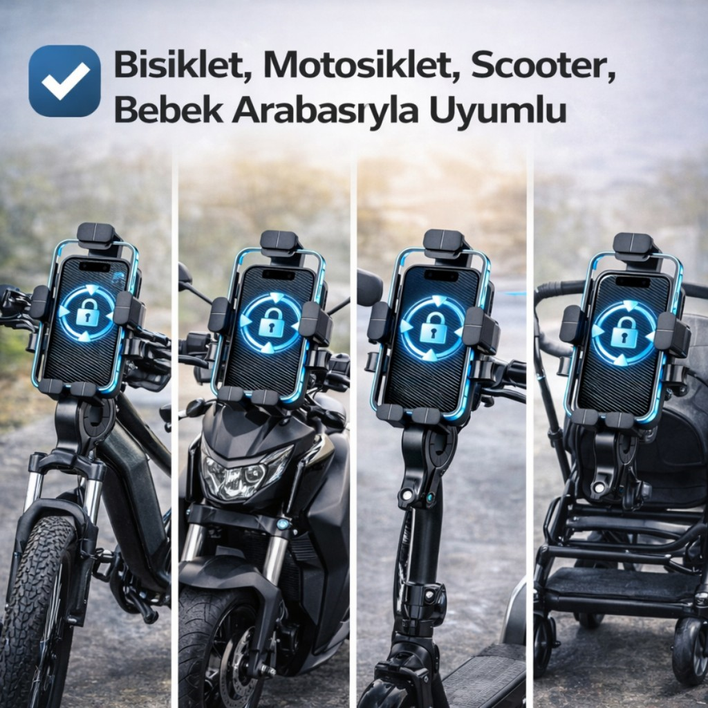 Polham Otomatik Kilit Sistemli Sarsılmaz Düşmez Gidon Uyumlu Bisiklet, Motosiklet Telefon Tutucu 