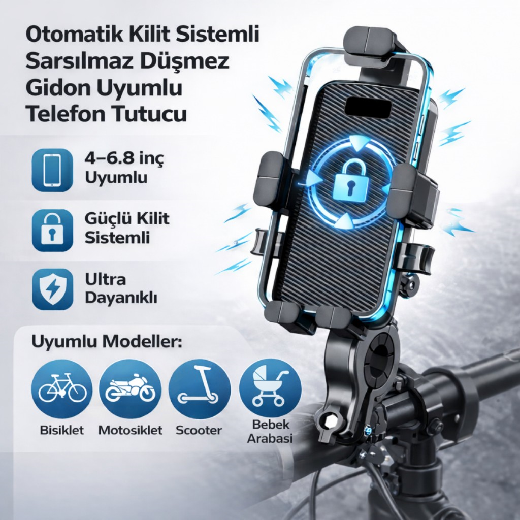 Polham Otomatik Kilit Sistemli Sarsılmaz Düşmez Gidon Uyumlu Bisiklet, Motosiklet Telefon Tutucu 