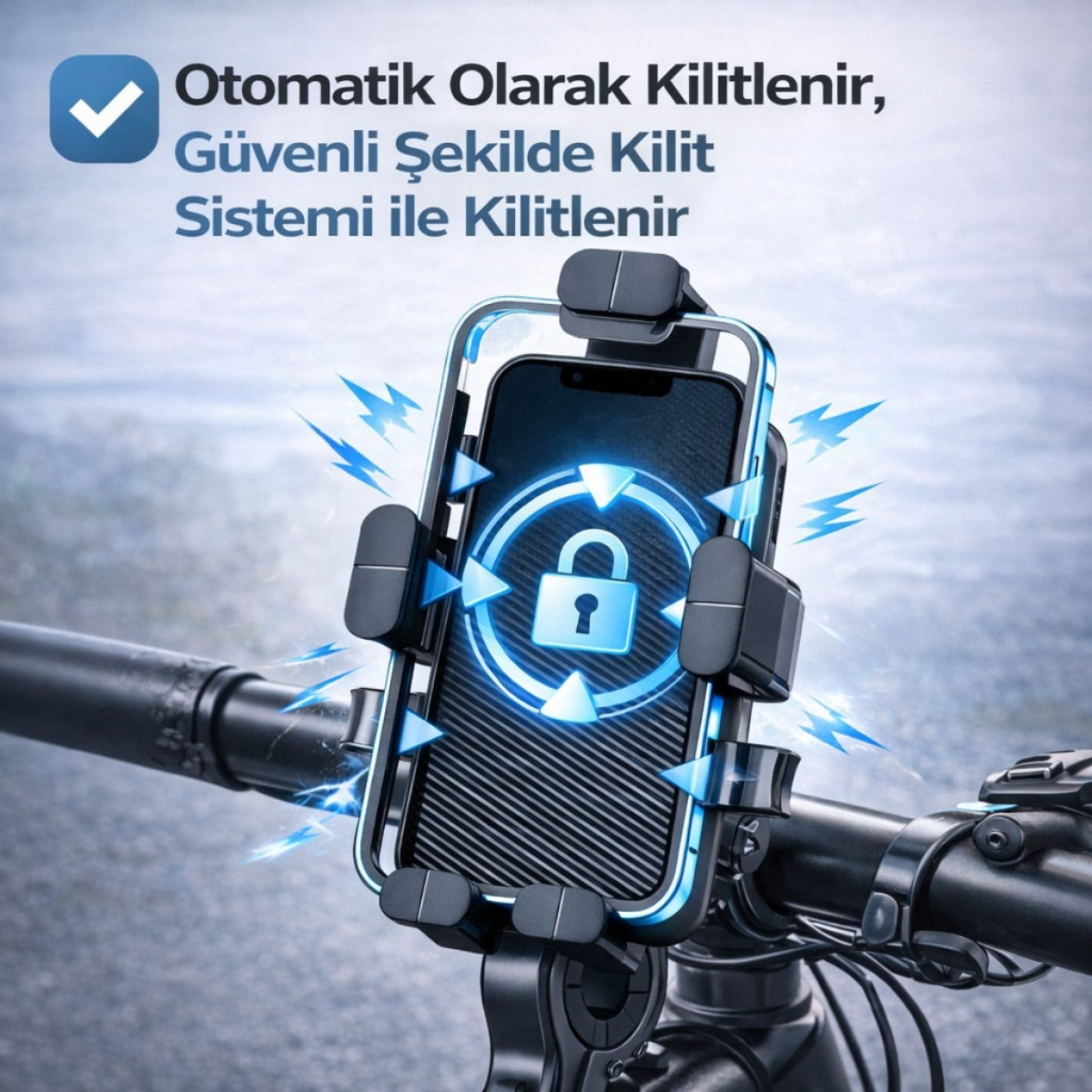 Polham Otomatik Kilit Sistemli Sarsılmaz Düşmez Gidon Uyumlu Bisiklet, Motosiklet Telefon Tutucu 