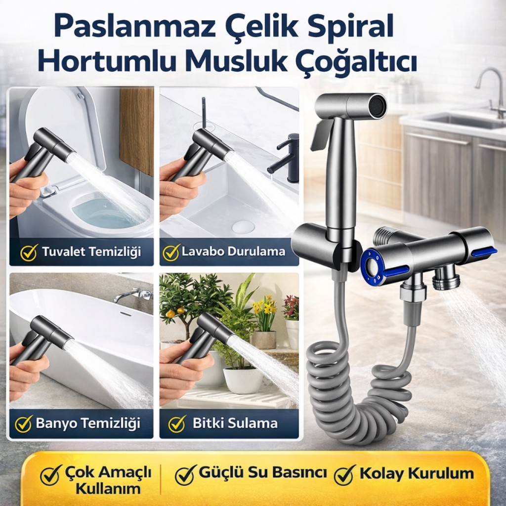 Polham Paslanmaz Çelik Spiral Hortumlu Musluk Çoğaltıcı – Çift Çıkışlı, Sprey Başlıklı, Banyo Tuvalet Lavabo Temizlik Seti