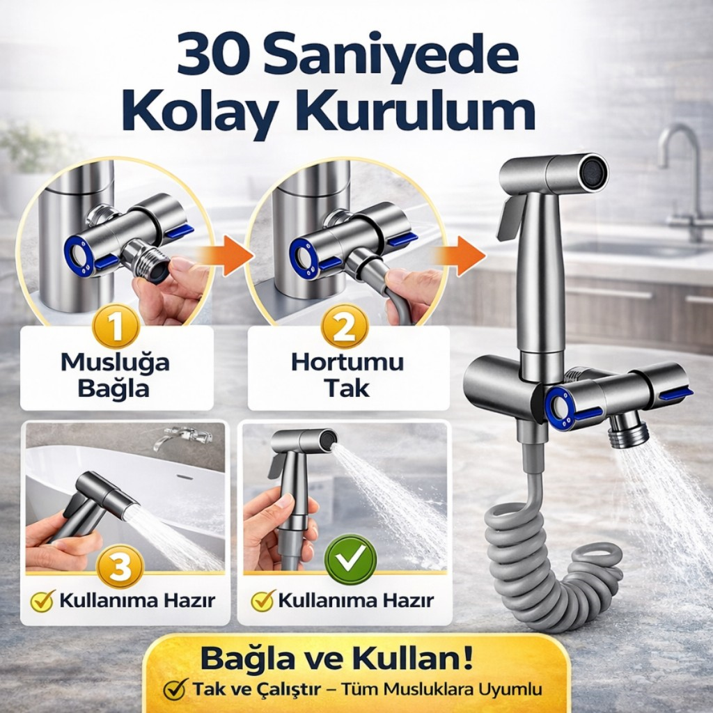 Polham Paslanmaz Çelik Spiral Hortumlu Musluk Çoğaltıcı – Çift Çıkışlı, Sprey Başlıklı, Banyo Tuvalet Lavabo Temizlik Seti