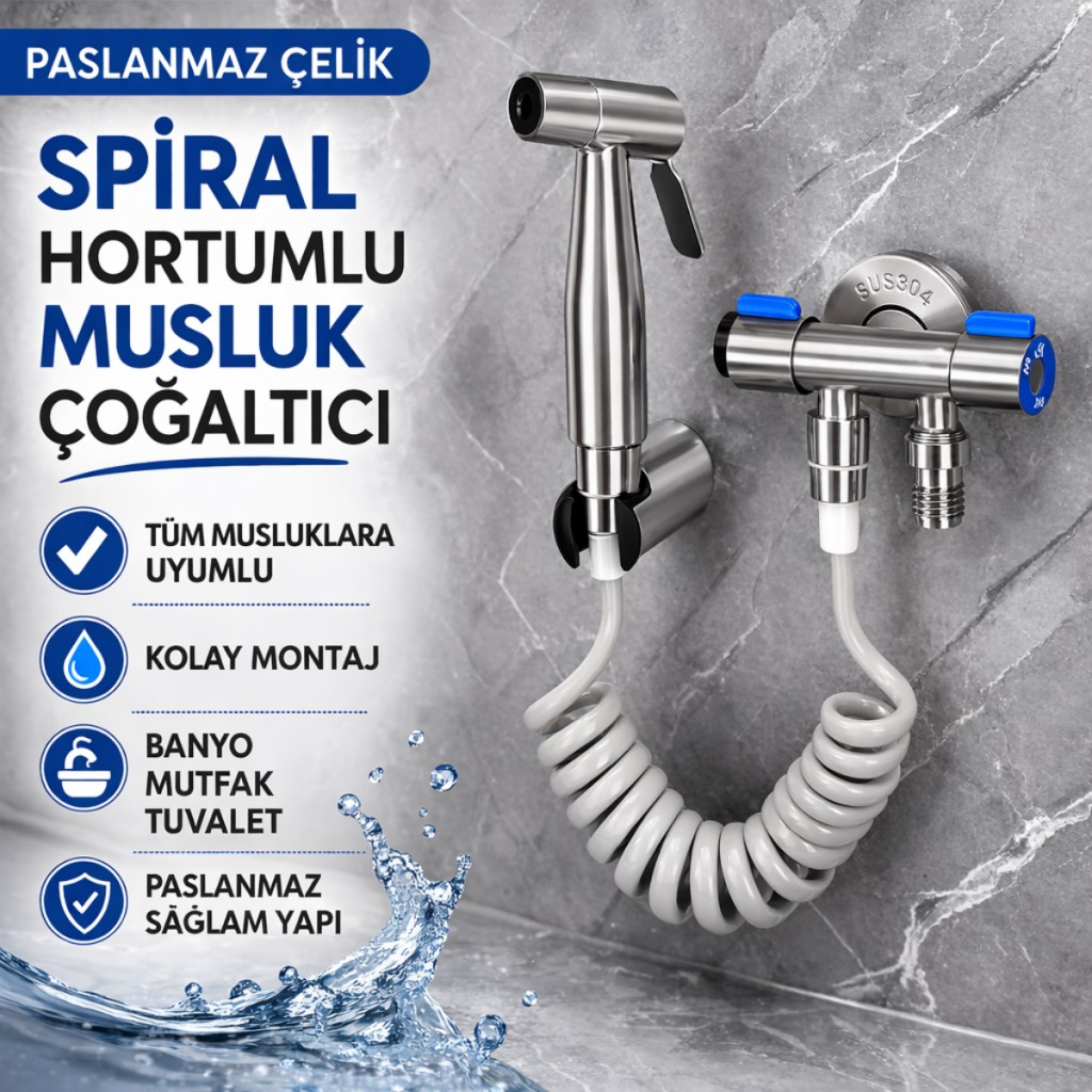 Polham Paslanmaz Çelik Spiral Hortumlu Musluk Çoğaltıcı – Çift Çıkışlı, Sprey Başlıklı, Banyo Tuvalet Lavabo Temizlik Seti
