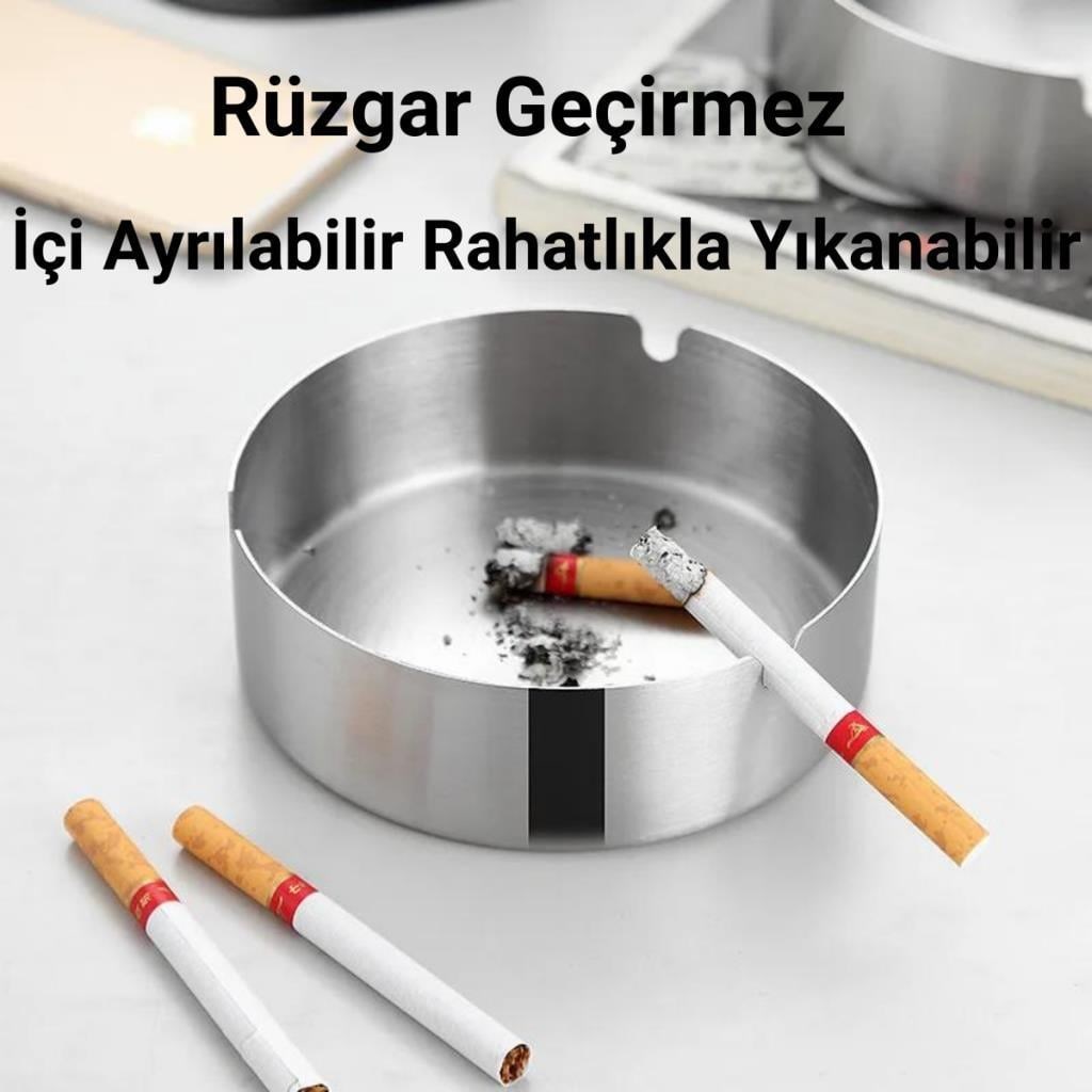 Polham Paslanmaz Çelik Yuvarlak Ultra Şık Küllük, Kapaklı Ceviz Ağacı Paslanmaz Çelik Kül Tablası