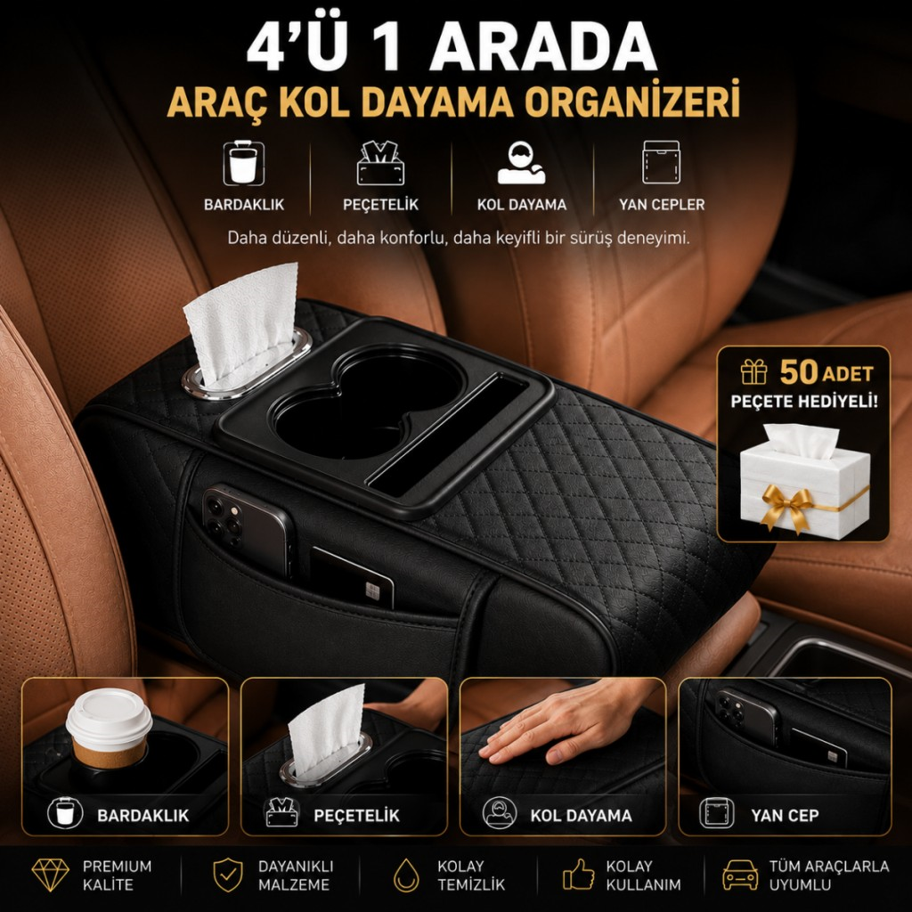 Polham Premium Araç Kol Dayama Organizeri Telefonluk, Bardaklık Saklama Bölmeli ve Peçetelik Organizer