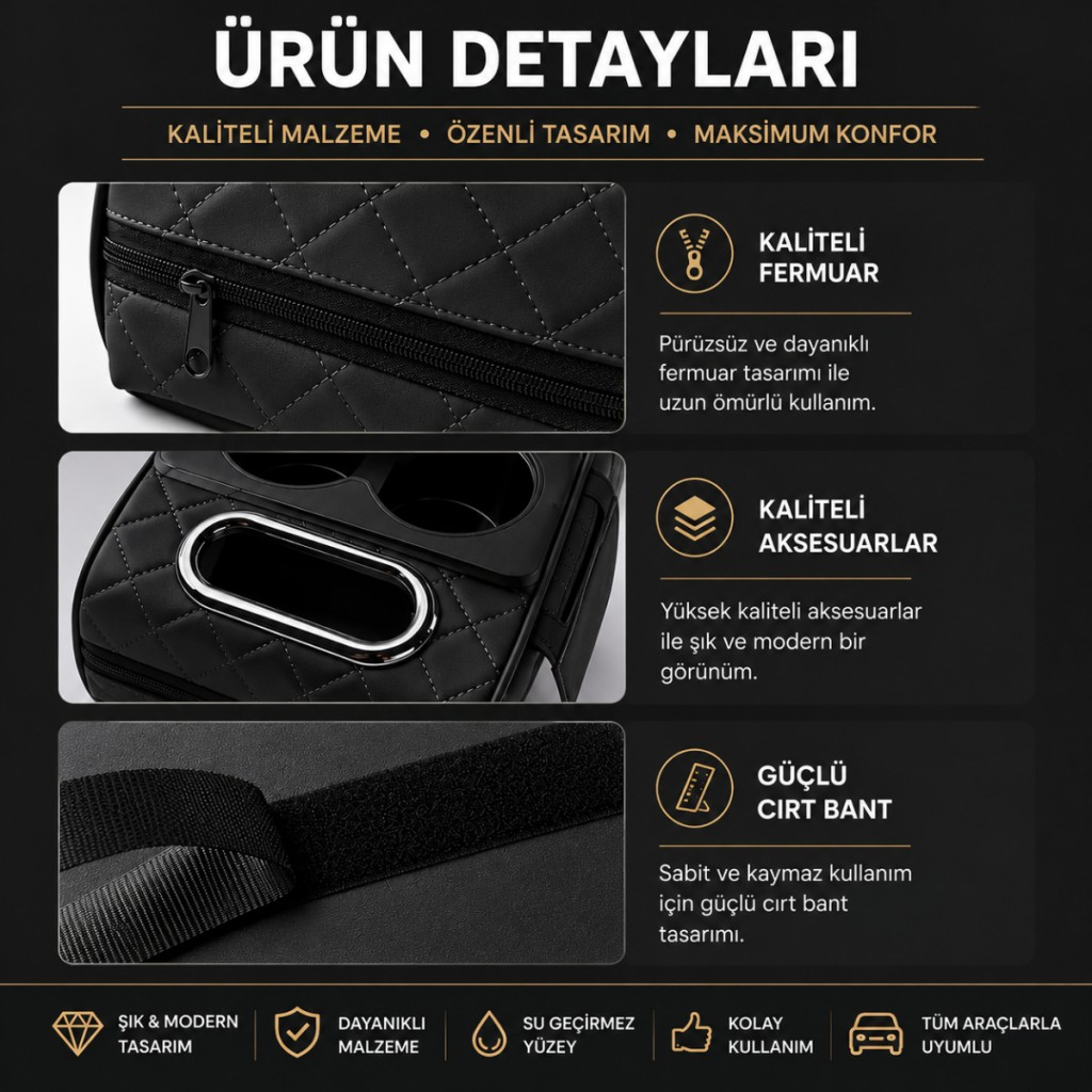 Polham Premium Araç Kol Dayama Organizeri Telefonluk, Bardaklık Saklama Bölmeli ve Peçetelik Organizer
