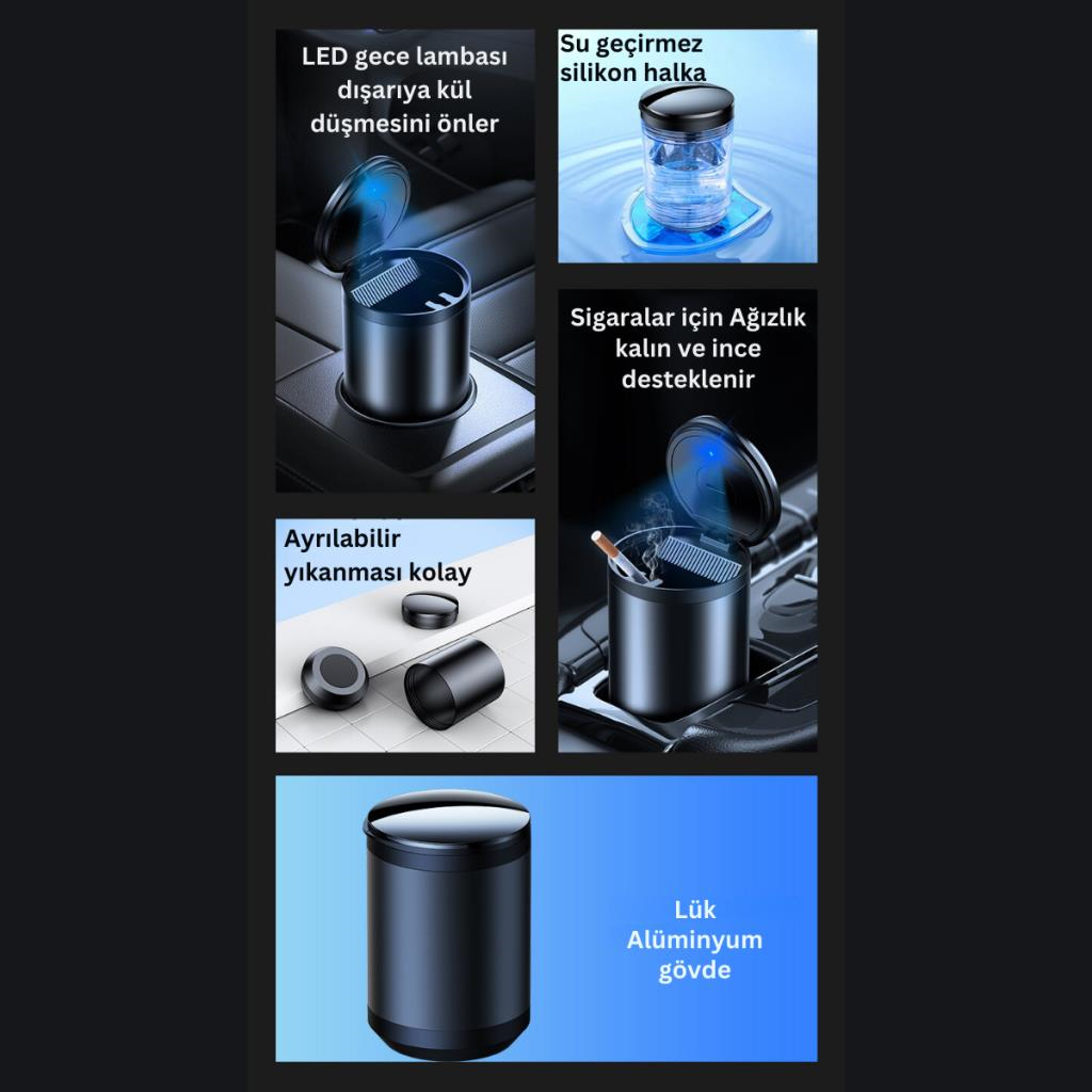 Polham Premium Led Işıklı Kapaklı Araç İçi Küllük, Yıkanabilir, Koku Önleyici Sigara Tutuculu Küllük