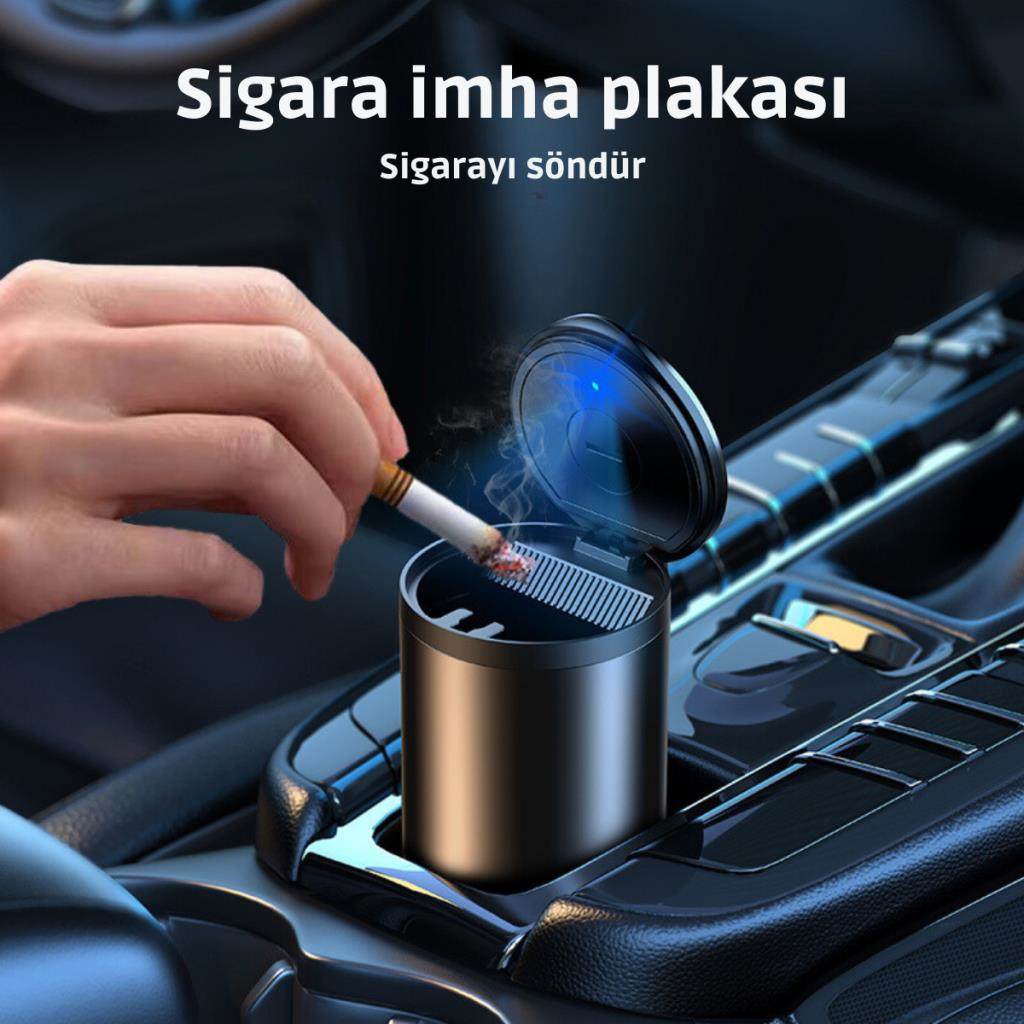 Polham Premium Led Işıklı Kapaklı Araç İçi Küllük, Yıkanabilir, Koku Önleyici Sigara Tutuculu Küllük
