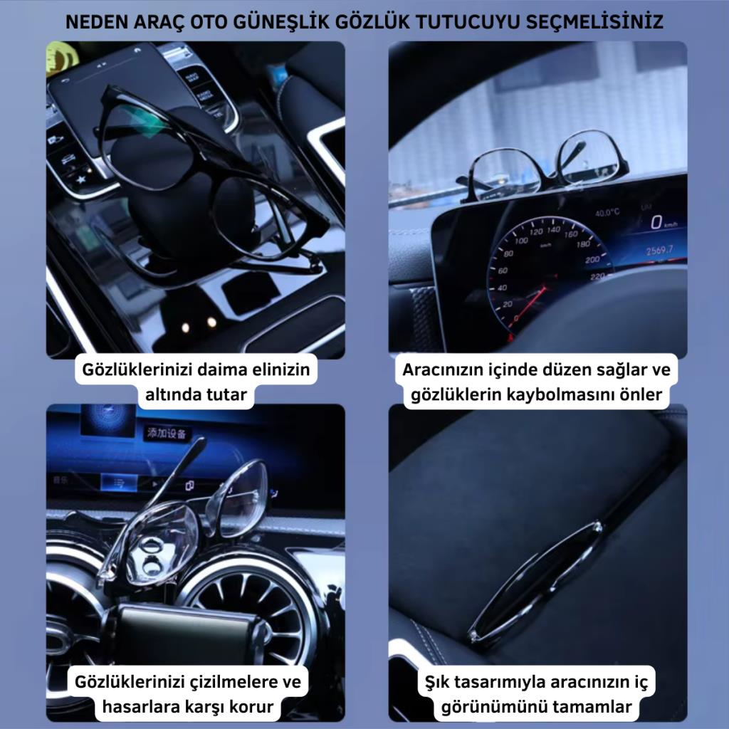 Polham Premium Mandallı Klipsli Araç İçi Gözlük Tutucu, Güneşlik Uyumlu Çerçeve Korumalı Süngerli Tutucu
