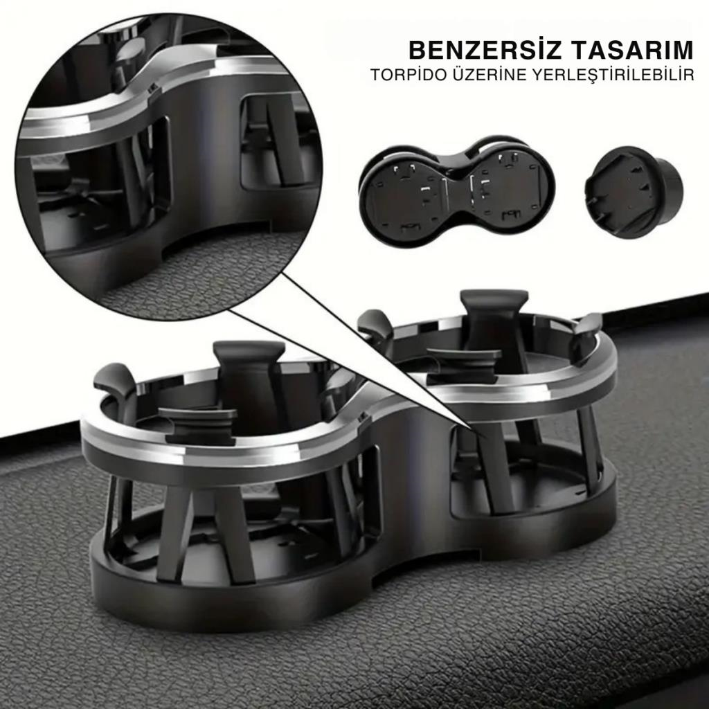 Polham Premium Oto Araç İçi Çift Bardak İçecek Tutucu, Torpido Üstü ve Bardaklık Montajlı Bardak Tutucu