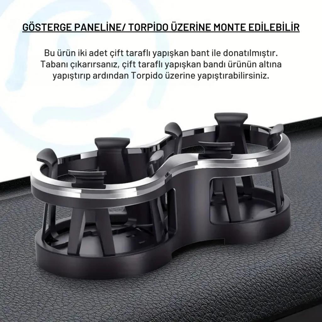Polham Premium Oto Araç İçi Çift Bardak İçecek Tutucu, Torpido Üstü ve Bardaklık Montajlı Bardak Tutucu
