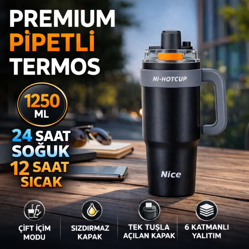 Polham Premium Pipetli Termos 1250 ML – 6 Katman Yalıtım, Çift İçim Modu, Sızdırmaz Kapak, 24 Saat Soğuk / 12 Saat Sıcak