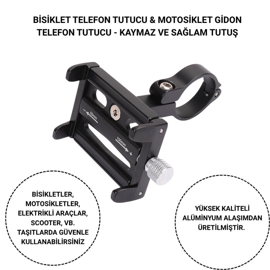 Polham Pro Seri Gidon Uyumlu Motorsiklet Telefon Tutucu, Bisiklet, Scooter Uyumlu Sıkıştırmalı Tutucu