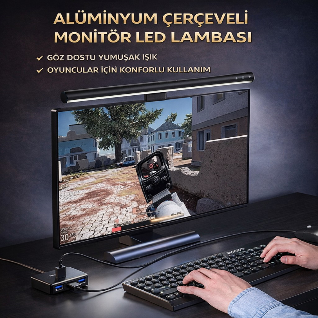 Polham Profesyonel 50 CM Ayarlanabilir LED Monitör Işığı, Göz Korumalı Renk Sıcaklığı Ayarlı Alüminyum Monitör Lambası