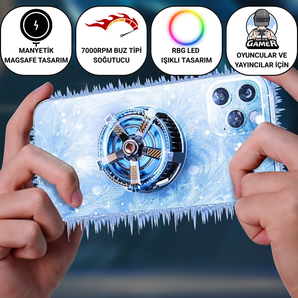 Polham Profesyonel 7000RPM Turbo Buz Tipi Manyetik Telefon Soğutucu | MagSafe Uyumlu, RBG LED Işıklı