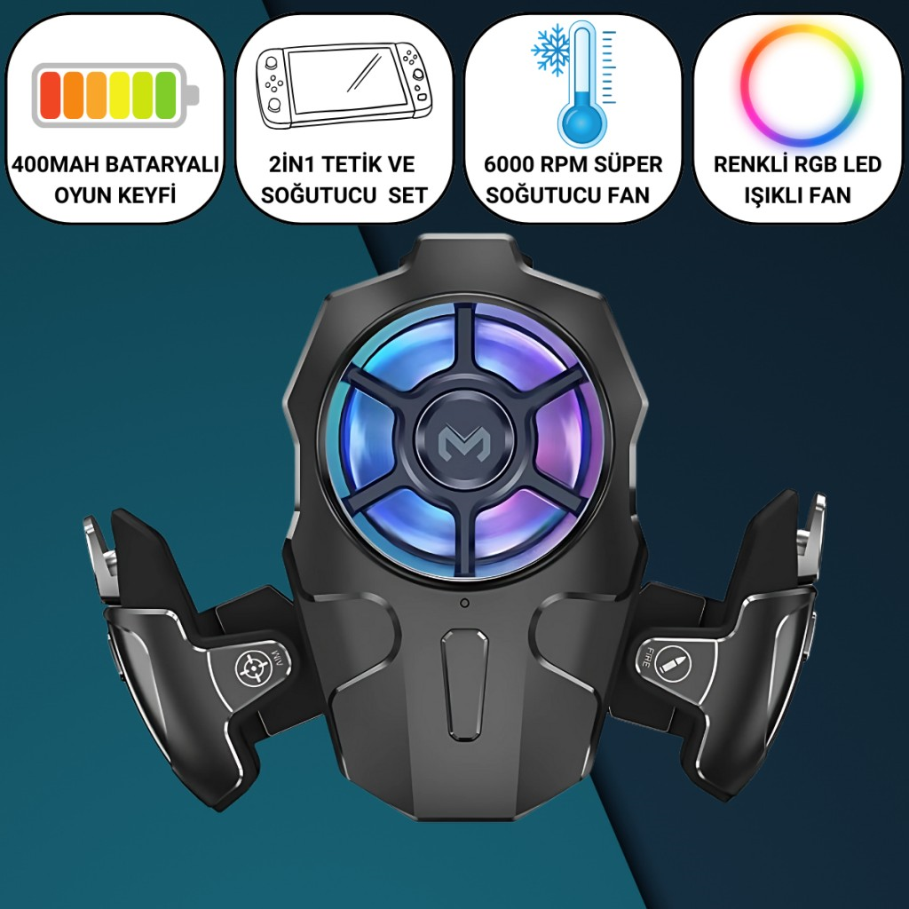 Polham RGB Işıklı 2si 1 Arada Oyun Tetik ve Telefon Soğutucu – 6000 RPM Süper Fan, 400mAh Batarya, PubG ve Call of Duty Uyumlu