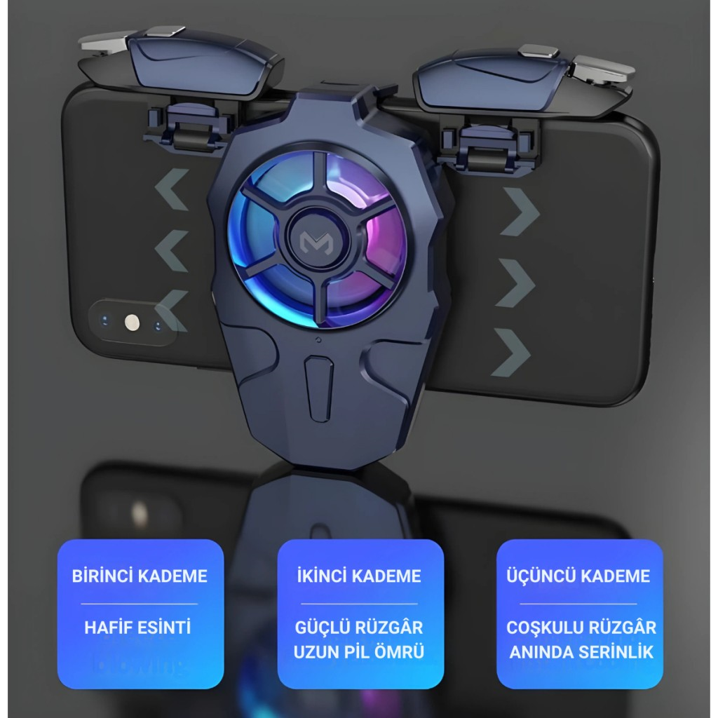 Polham RGB Işıklı 2si 1 Arada Oyun Tetik ve Telefon Soğutucu – 6000 RPM Süper Fan, 400mAh Batarya, PubG ve Call of Duty Uyumlu