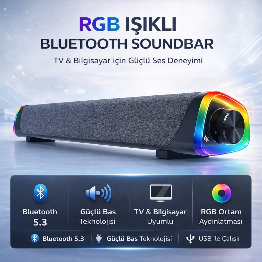 Polham RGB Işıklı Bluetooth 5.3 Soundbar Hoparlör | Güçlü Bas | Aux 3.5MM Giriş | TV & Bilgisayar Ses Sistemi