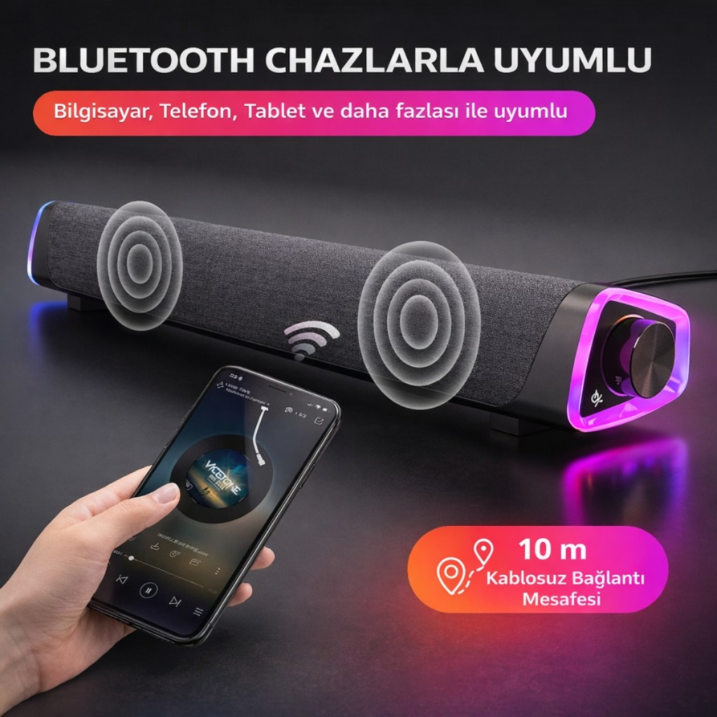 Polham RGB Işıklı Bluetooth 5.3 Soundbar Hoparlör | Güçlü Bas | Aux 3.5MM Giriş | TV & Bilgisayar Ses Sistemi