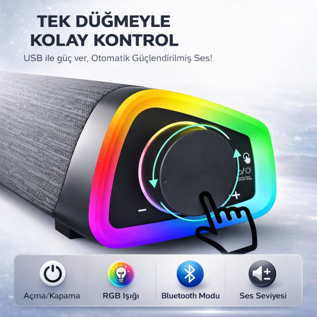 Polham RGB Işıklı Bluetooth 5.3 Soundbar Hoparlör | Güçlü Bas | Aux 3.5MM Giriş | TV & Bilgisayar Ses Sistemi