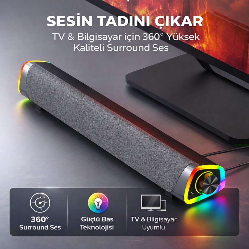 Polham RGB Işıklı Bluetooth 5.3 Soundbar Hoparlör | Güçlü Bas | Aux 3.5MM Giriş | TV & Bilgisayar Ses Sistemi
