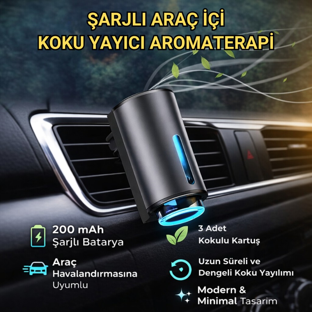 Polham Şarjlı Araç İçi Koku Yayıcı – 200 mAh – 3 Kokulu Kartuş – Ayarlanabilir Koku Modları- Modern Tasarım