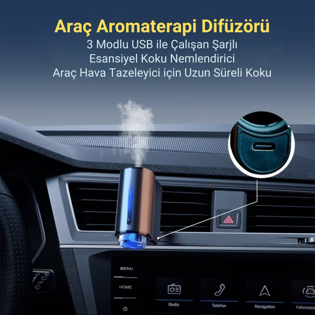 Polham Şarjlı Araç İçi Koku Yayıcı – 200 mAh – 3 Kokulu Kartuş – Ayarlanabilir Koku Modları- Modern Tasarım