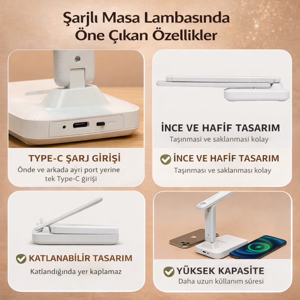 Polham Şarjlı Katlanabilir LED Masa Lambası | 3 Işık Modu | Göz Koruyucu | 800mAh | Telefon Tutuculu