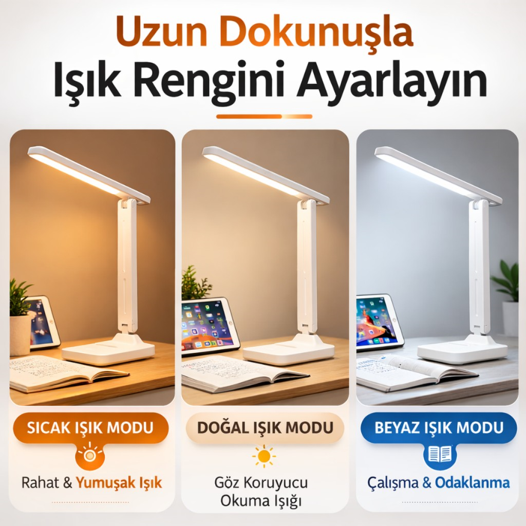 Polham Şarjlı Katlanabilir LED Masa Lambası | 3 Işık Modu | Göz Koruyucu | 800mAh | Telefon Tutuculu