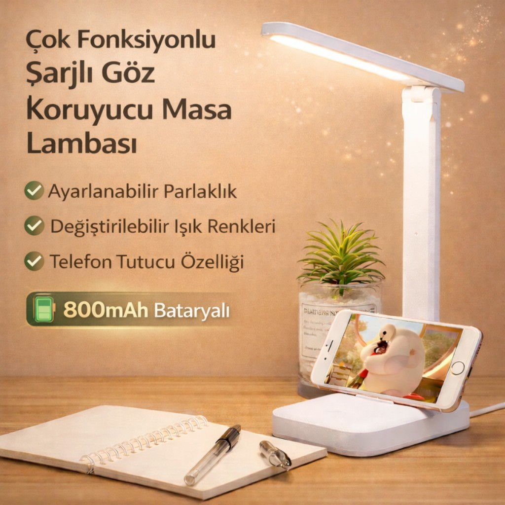 Polham Şarjlı Katlanabilir LED Masa Lambası | 3 Işık Modu | Göz Koruyucu | 800mAh | Telefon Tutuculu