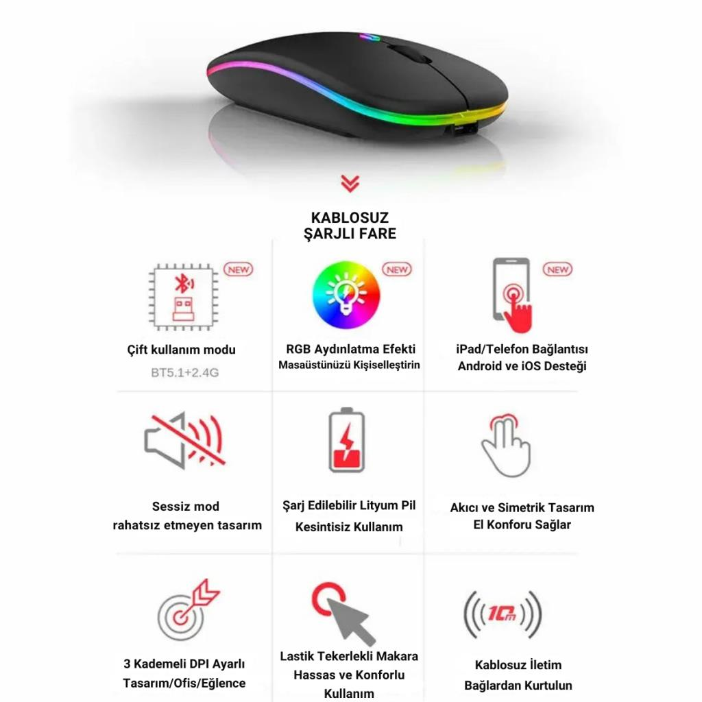 Polham Şarjlı RGB Işıklı Çift Modlu Kablosuz Mouse, Laptop, Tablet, Telefon, TV Uyumlu Mouse Süper Sessiz