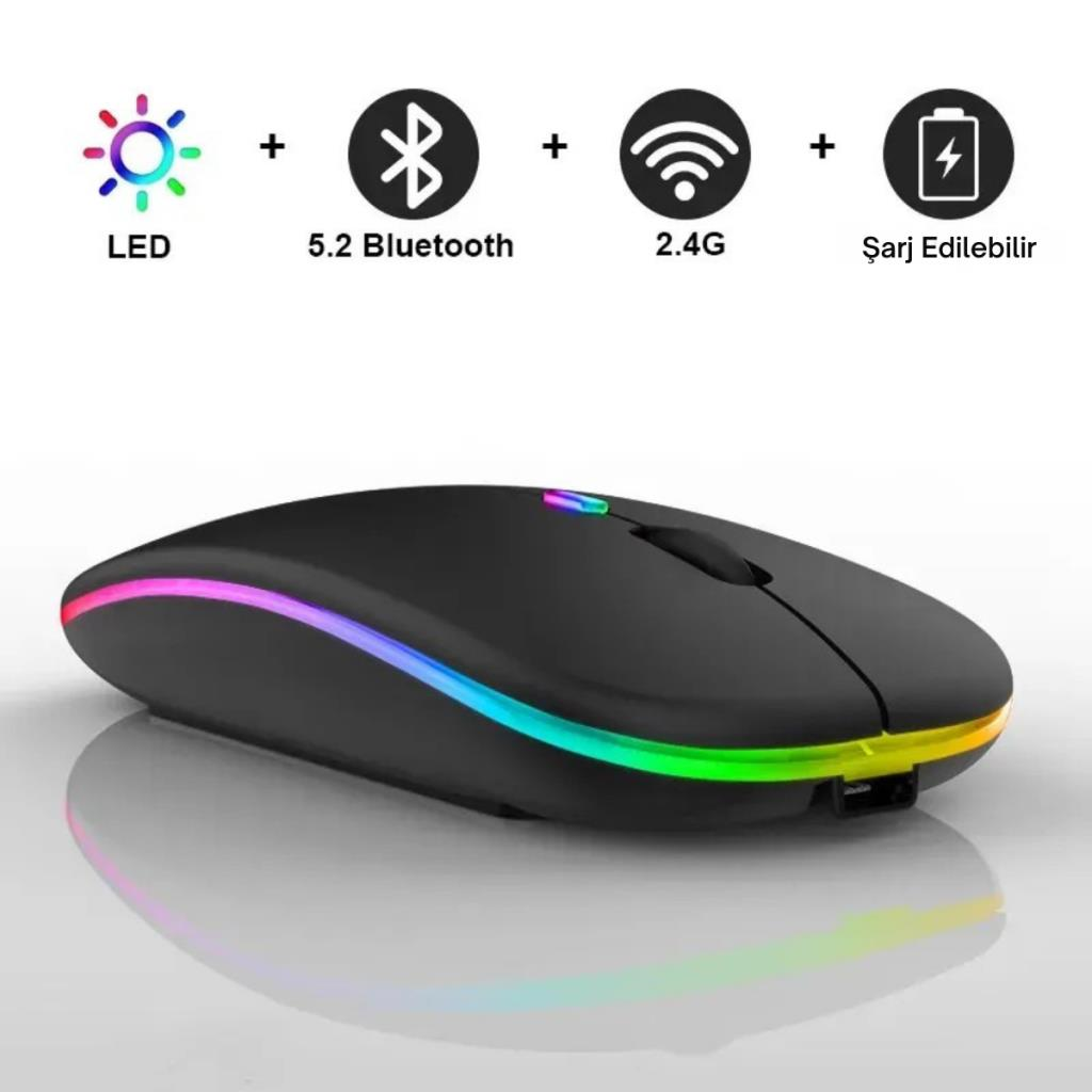 Polham Şarjlı RGB Işıklı Çift Modlu Kablosuz Mouse, Laptop, Tablet, Telefon, TV Uyumlu Mouse Süper Sessiz