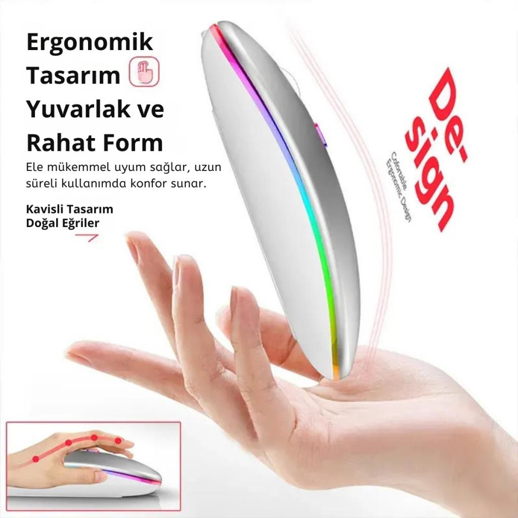 Polham Şarjlı RGB Işıklı Çift Modlu Kablosuz Mouse, Laptop, Tablet, Telefon, TV Uyumlu Mouse Süper Sessiz
