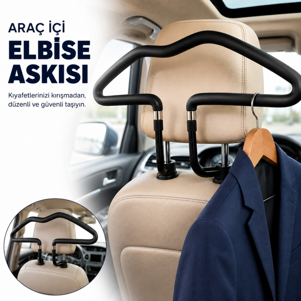 Polham Tüm Araçlara Uyumlu Araç Koltuk Başlığı Elbise Askısı – Ceket, Gömlek ve Takım Elbise İçin Pratik Oto Askısı