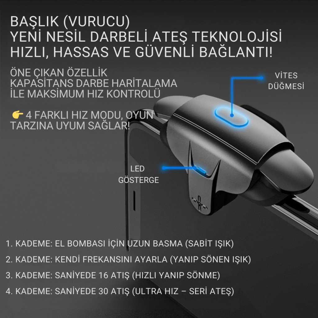 Polham Tüm Telefonlara Uygun PUBG ve Call of Duty Uyumlu Şarjlı Oyun Tetiği | Hızlı Ateş ve Hassas Nişan