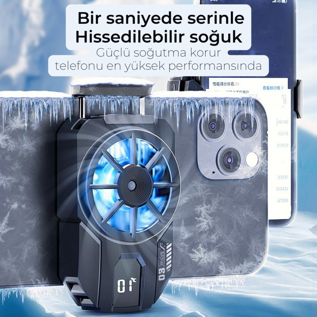 Polham Tüm Telefonlara Uyumlu 7000RPM Buz Tipi Soğutucu | Buz Mavisi LED Işık | Oyuncular İçin Özel Tasarım