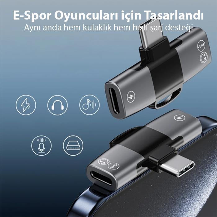 Polham Type C to 2x Type C Girişli Şarj ve Kulaklık Çoğaltıcı Adaptörü, 30W Şarj Destekli Çoğaltıcı