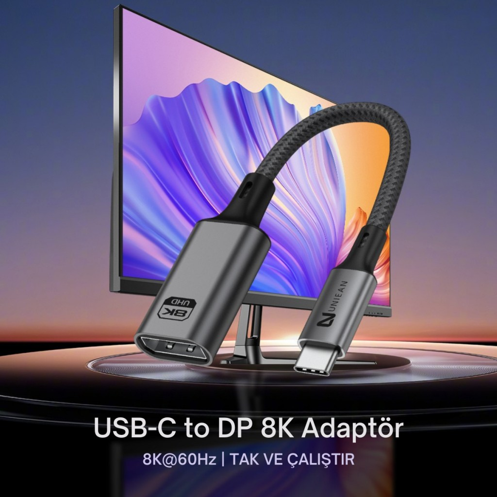 Polham Type C To Displayport Adaptör 8K UHD 60Hz | Dayanıklı Örgü Kablo | Tak-Çalıştır 8K DP Kablosu