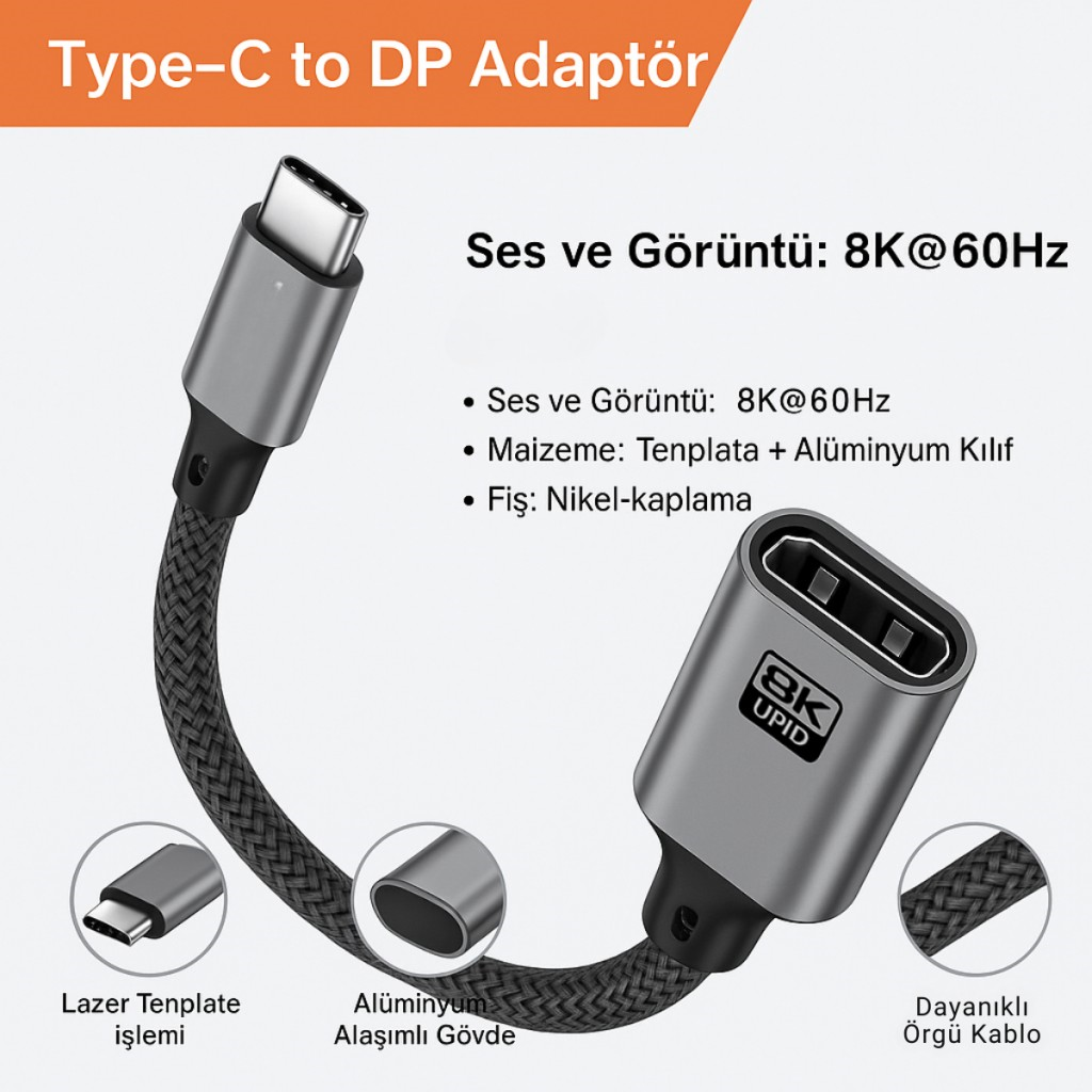 Polham Type C To Displayport Adaptör 8K UHD 60Hz | Dayanıklı Örgü Kablo | Tak-Çalıştır 8K DP Kablosu