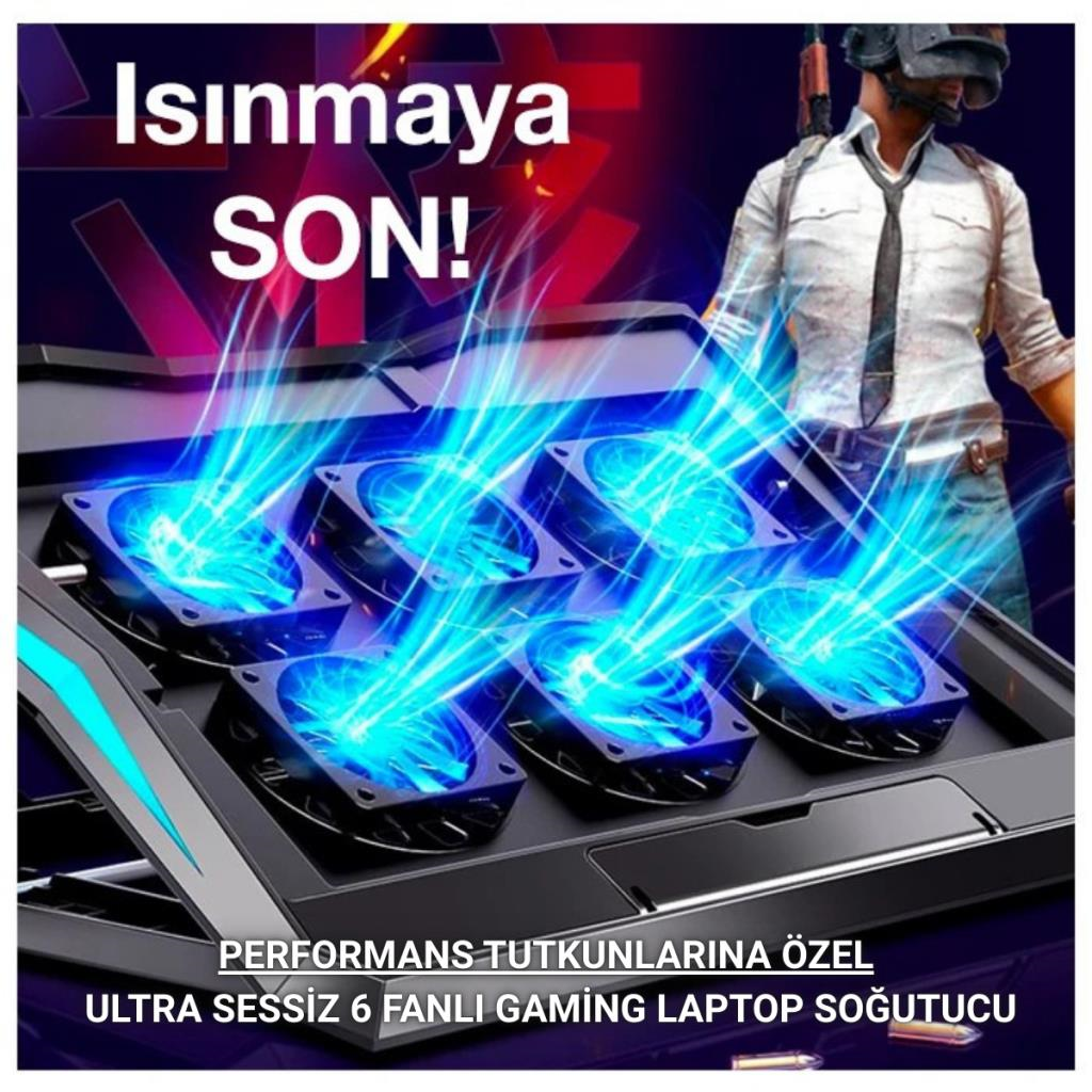 Polham Ultra Sessiz 6 Fanlı Gaming Laptop Soğutucu, Süper Soğutucu Led Işıklı Dayanıklı Laptop Standı
