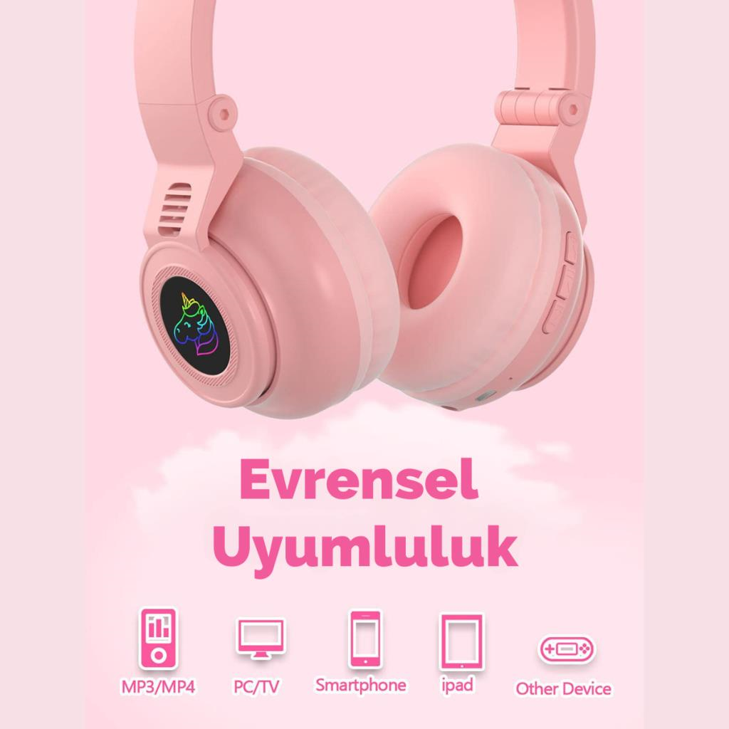 Polham Unicorn 94Db Güvenli Ses Limitli Yumuşak Kulak pedli Bluetooth Kulaklık Çocuk Kulaklığı Uzun Şarjlı