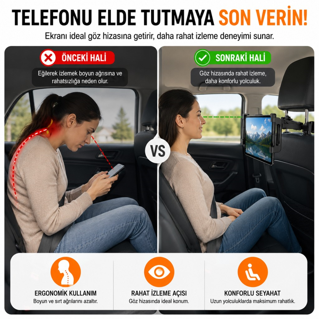 Polham Universal Araç Arka Koltuk Telefon ve Tablet Tutucu | 360° Dönebilen Telefon Standı Katlanabilir