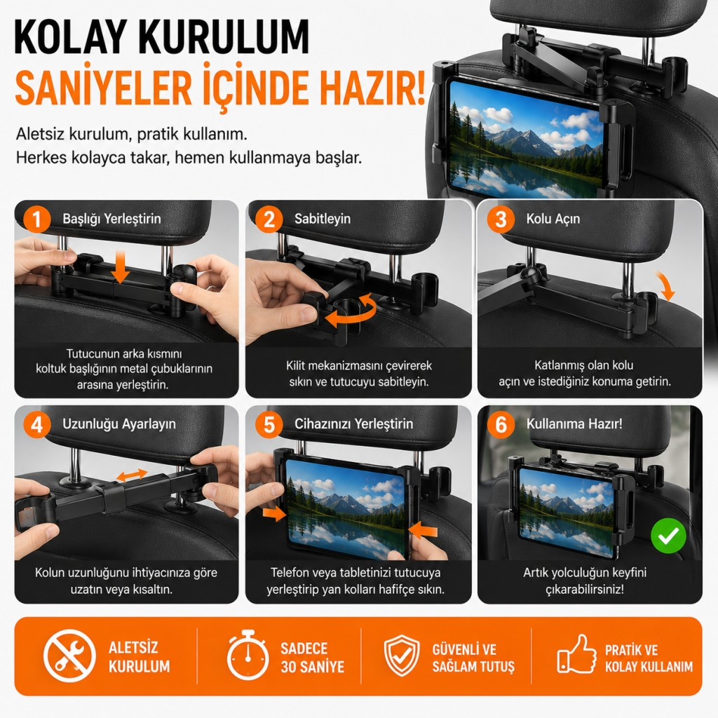 Polham Universal Araç Arka Koltuk Telefon ve Tablet Tutucu | 360° Dönebilen Telefon Standı Katlanabilir