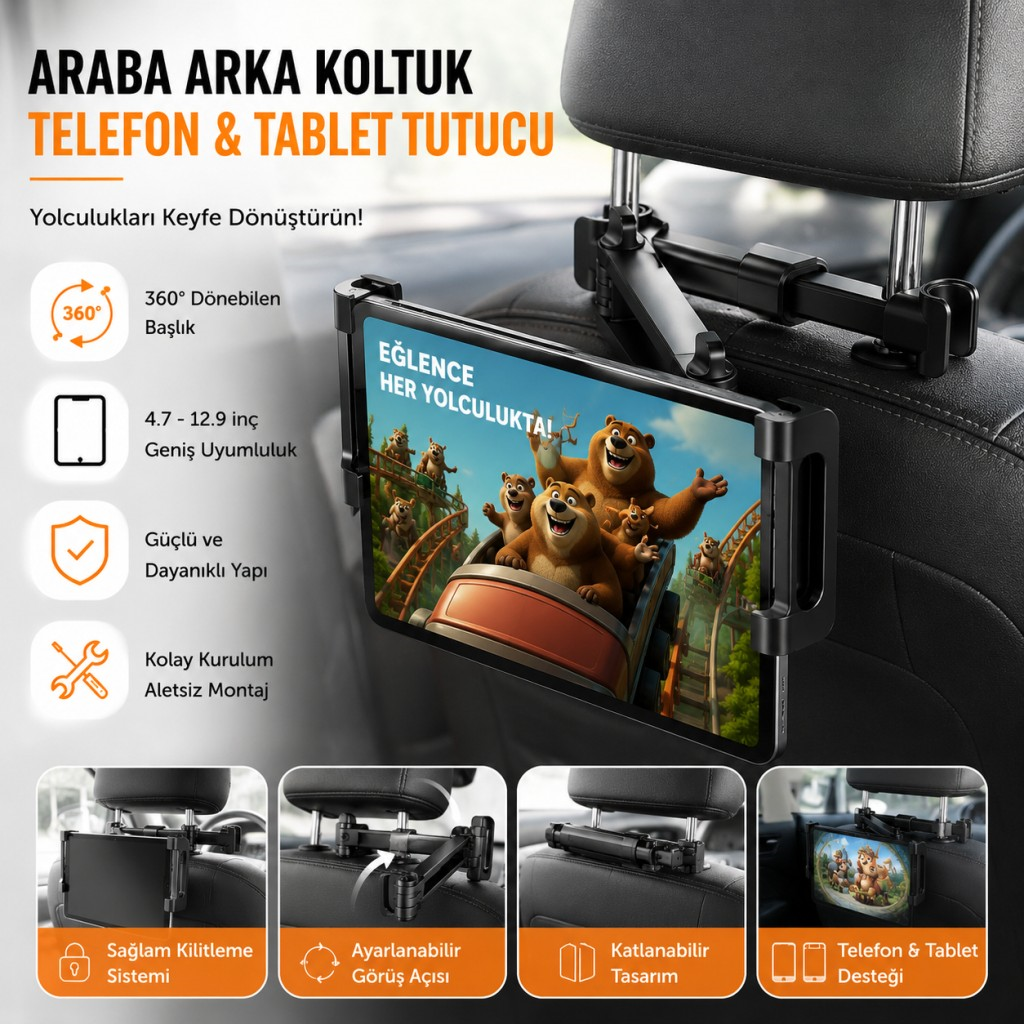 Polham Universal Araç Arka Koltuk Telefon ve Tablet Tutucu | 360° Dönebilen Telefon Standı Katlanabilir