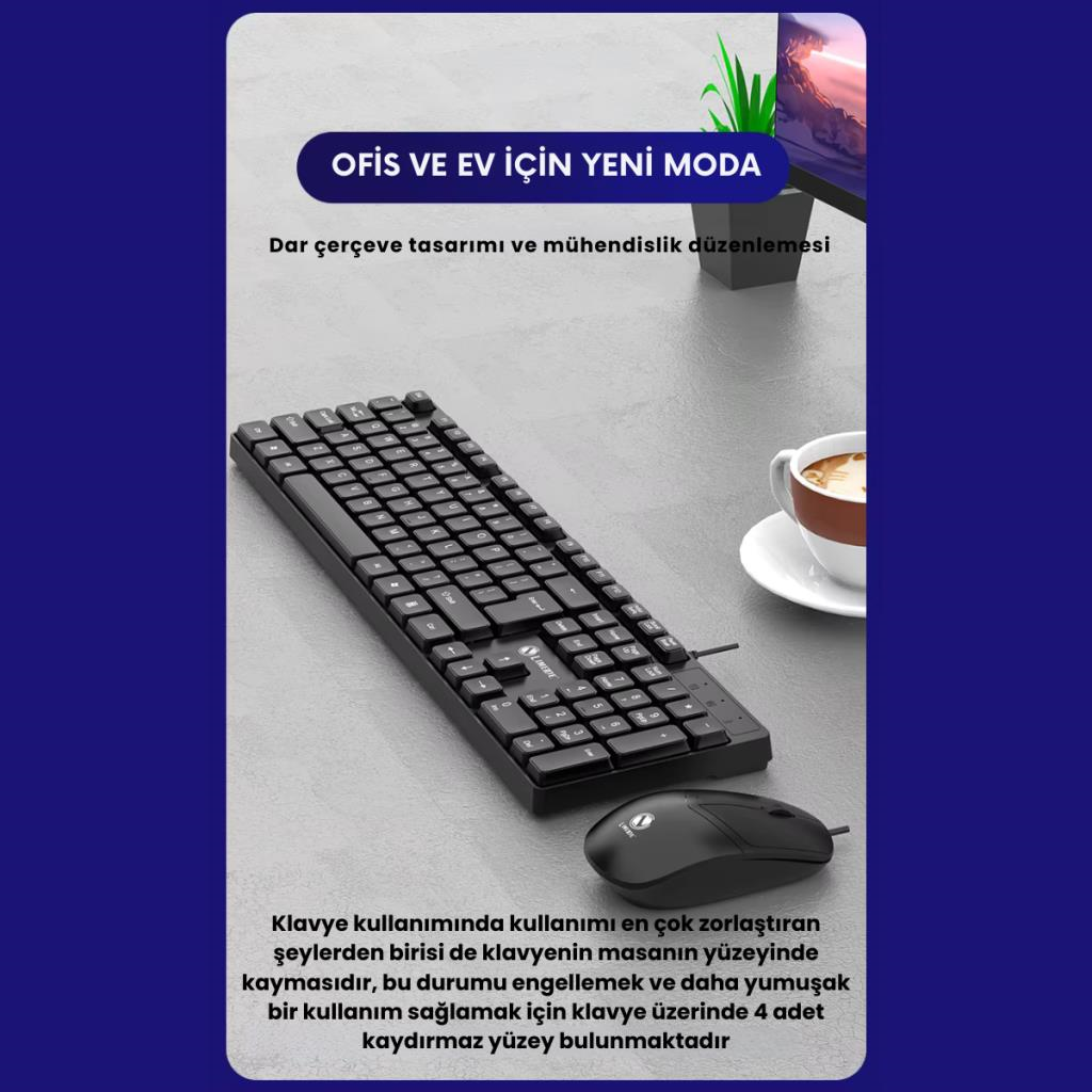 Polham USB Kablolu Sessiz Ofis Ev Tipi Klavye Mouse Seti, Bilek Destekli, Tak Çalıştır Klavye Mouse