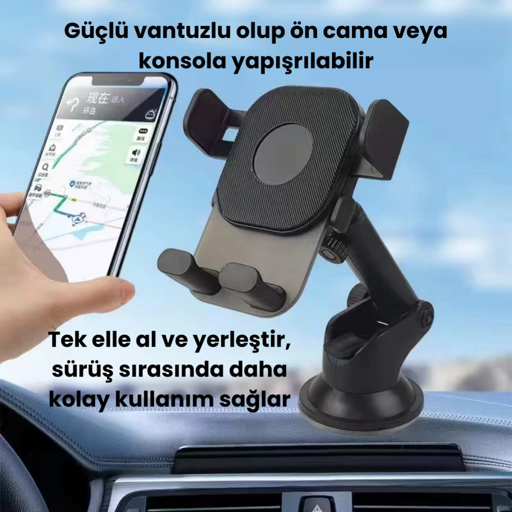 Polham Vantuzlu Torpido Üstü ve Cam için Araç İçi Telefon Tutucu, Teleskopik Ayarlanabilir Döner Başlık