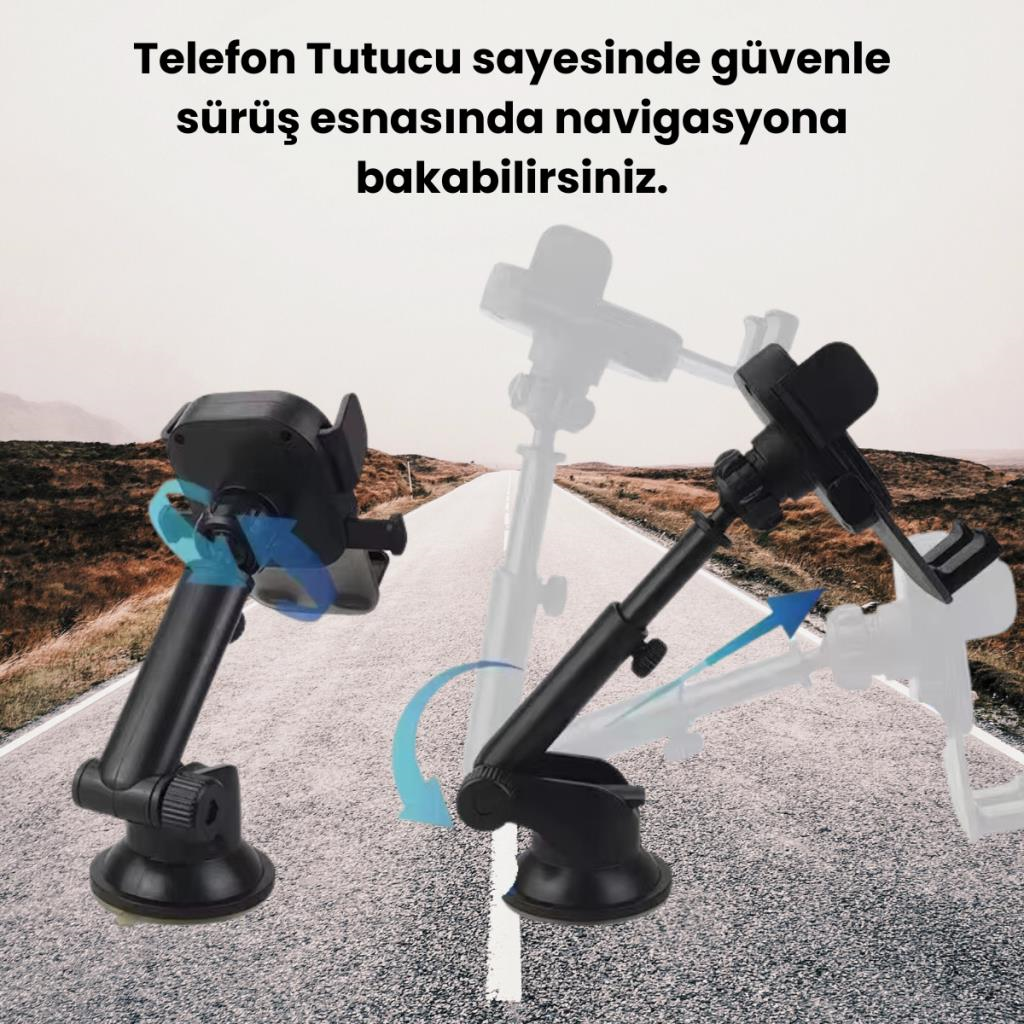 Polham Vantuzlu Torpido Üstü ve Cam için Araç İçi Telefon Tutucu, Teleskopik Ayarlanabilir Döner Başlık