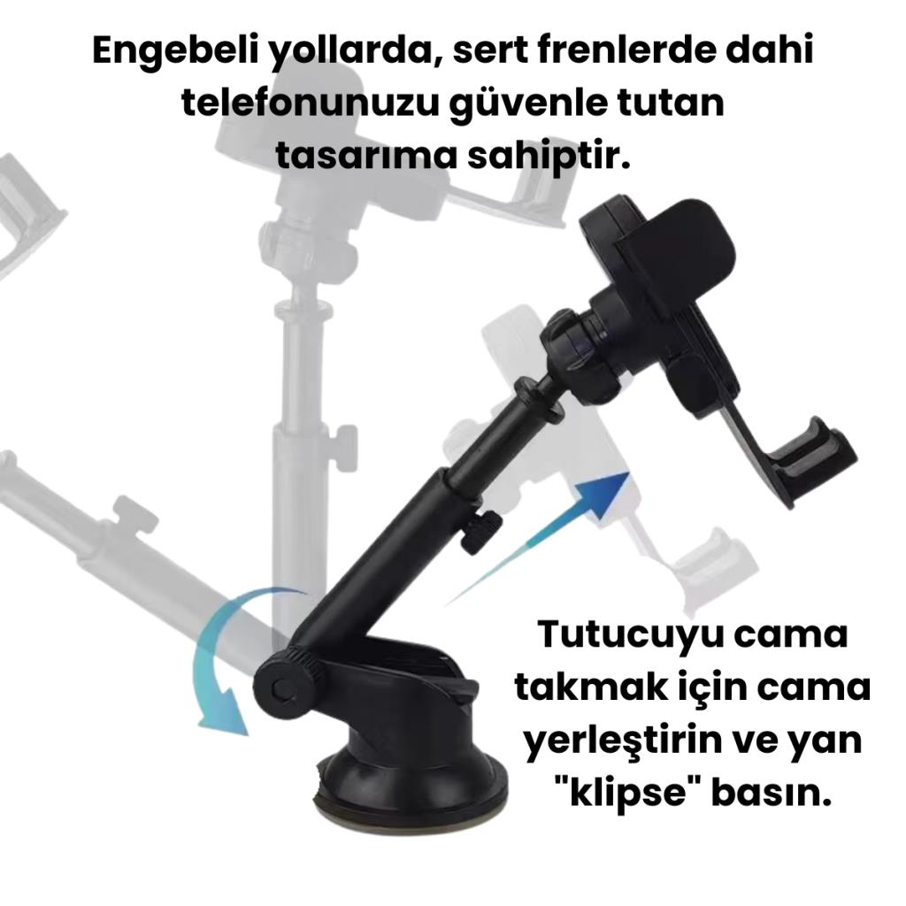 Polham Vantuzlu Torpido Üstü ve Cam için Araç İçi Telefon Tutucu, Teleskopik Ayarlanabilir Döner Başlık