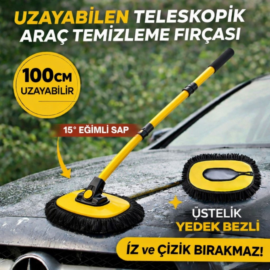 Polham Yedek Bezli 100CM Uzayabilen Teleskopik Saplı Kuru Islak Araç Temizleme Fırçası, İz ve Çizik Bırakmaz