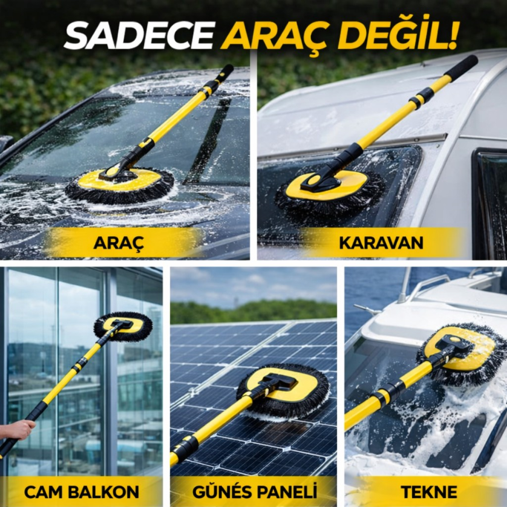 Polham Yedek Bezli 100CM Uzayabilen Teleskopik Saplı Kuru Islak Araç Temizleme Fırçası, İz ve Çizik Bırakmaz