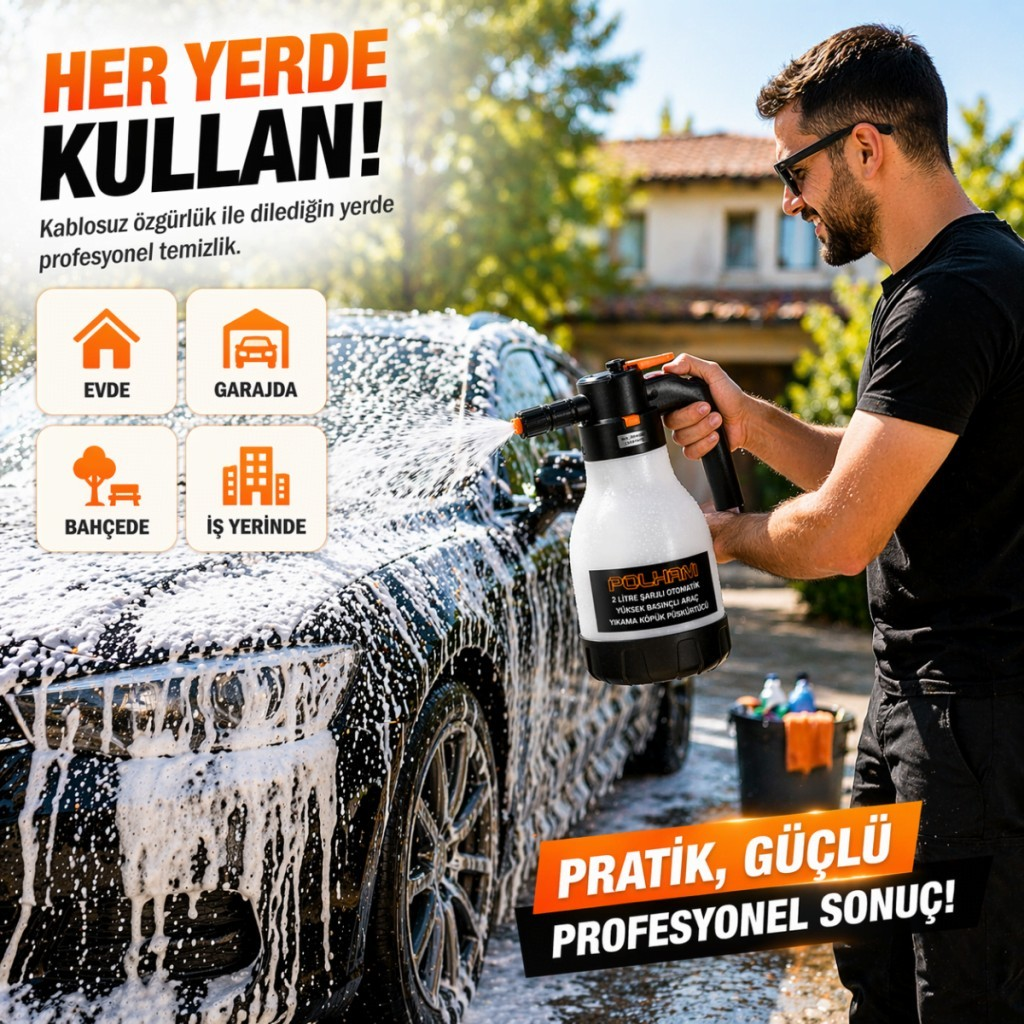 Polham Yeni Nesil 2 Litre Şarjlı Otomatik Basınçlı Araç Yıkama Köpük Püskürtücü, Araç, Jant, Bahçe Yıkama Pompası